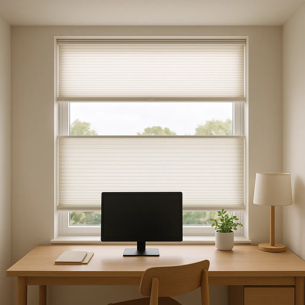 Top-Down/Bottom-Up Wabenplissee zur Tageslichtsteuerung, Blendschutz am Bildschirmarbeitsplatz, visuelle Ergonomie, Deckenreflexion, taktile Markierung an der Griffleiste, hoher Bedienkomfort im Home Office