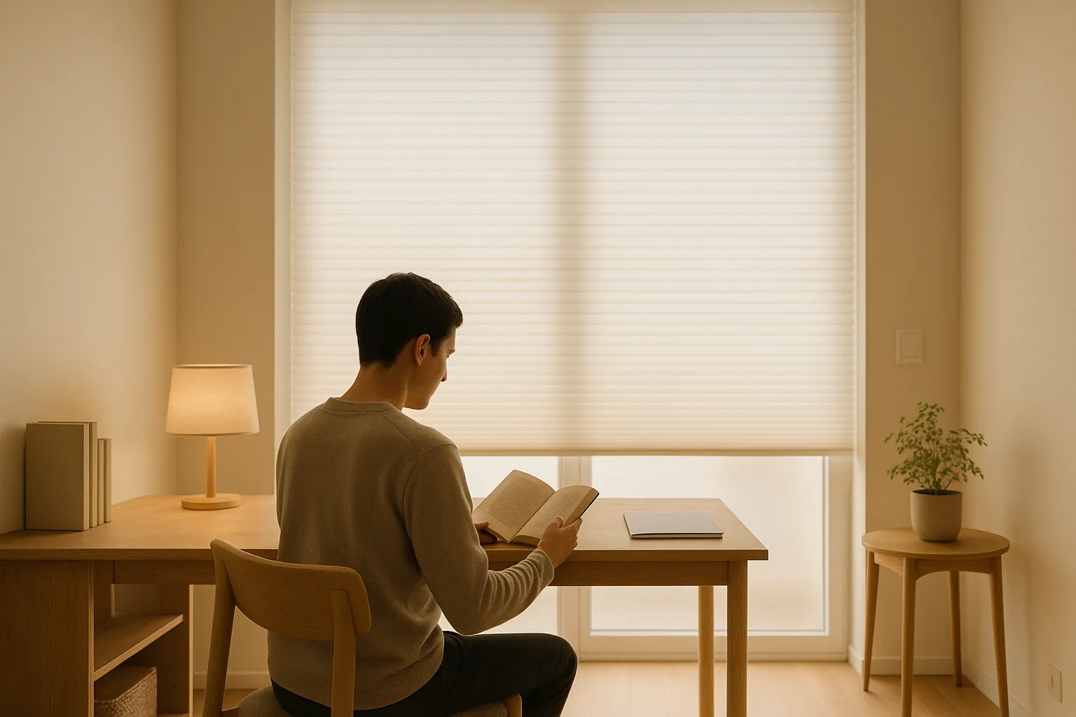 Bedienkomfort mit wabenstrukturierter Fensterbeschattung, sanfter Lichtsteuerung und leiser Raumakustik in einem modernen Arbeits- und Lesebereich