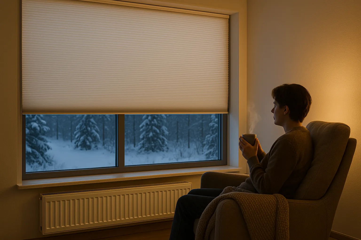 Energieeffizientes Wabenplissee im Winter am großen Fenster mit seitlicher Führung, Wärmeschutz, behagliche Zone im Wohnbereich, Heizkörper darunter, reduzierter Kaltluftabfall