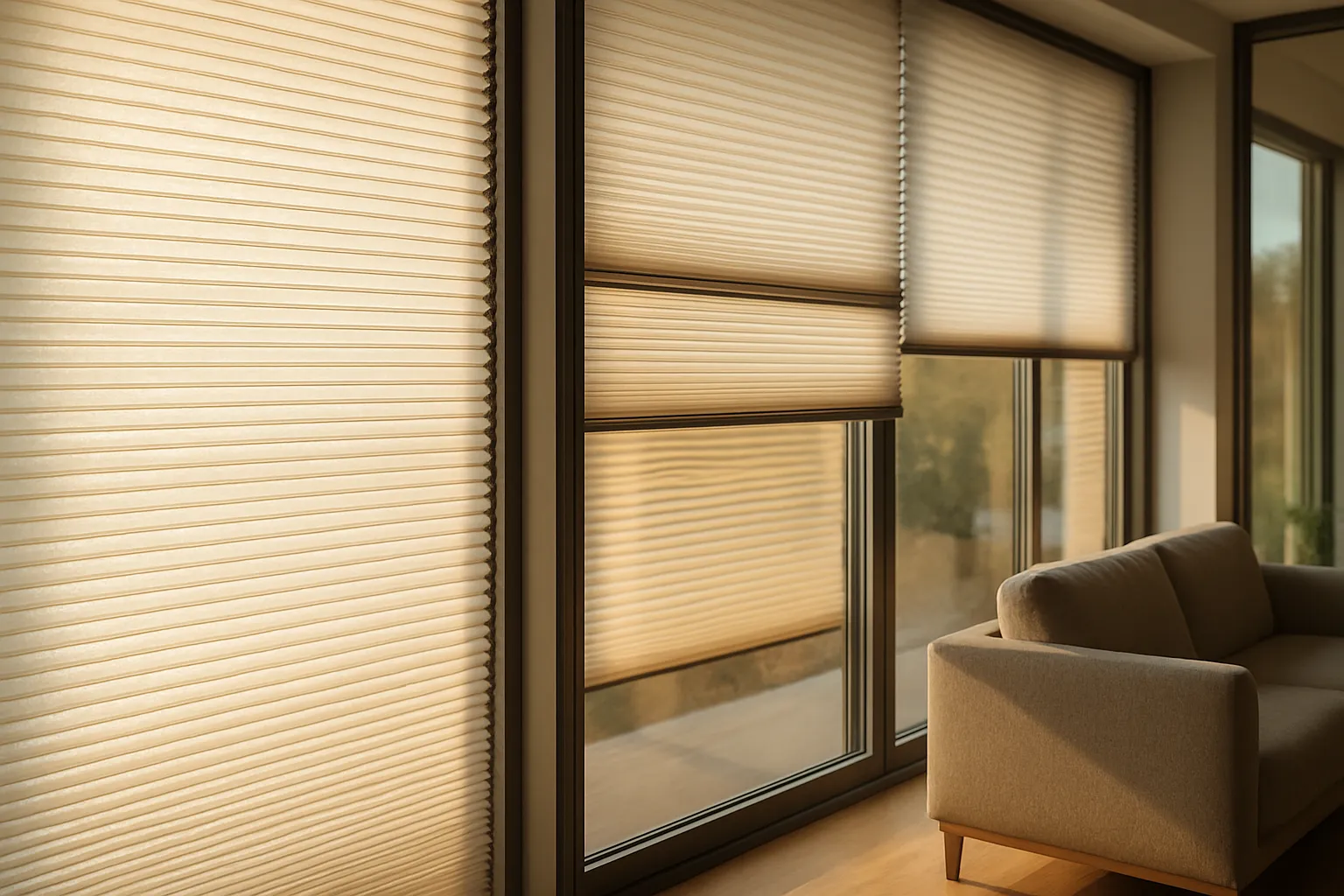 Innenliegender Sonnenschutz für Energieeffizienz und Wärmeschutz mit reflektierendem Plissee, dichten seitlichen Führungsschienen und großen Glasflächen, dynamisch gesteuert nach Ost-, Süd- und Westausrichtung zur Nutzung passiver Gewinne und Vermeidung von Überhitzung