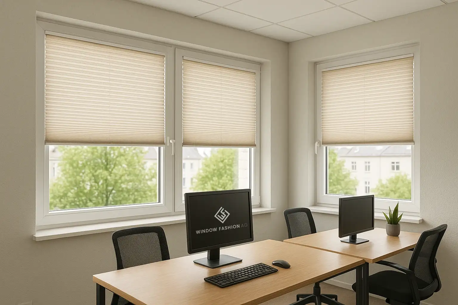 Energieeffiziente Wabenplissees mit Wärmeschutz im Top-Down-Setup für präzise Lichtlenkung und blendfreies Arbeiten im modernen Innenraum