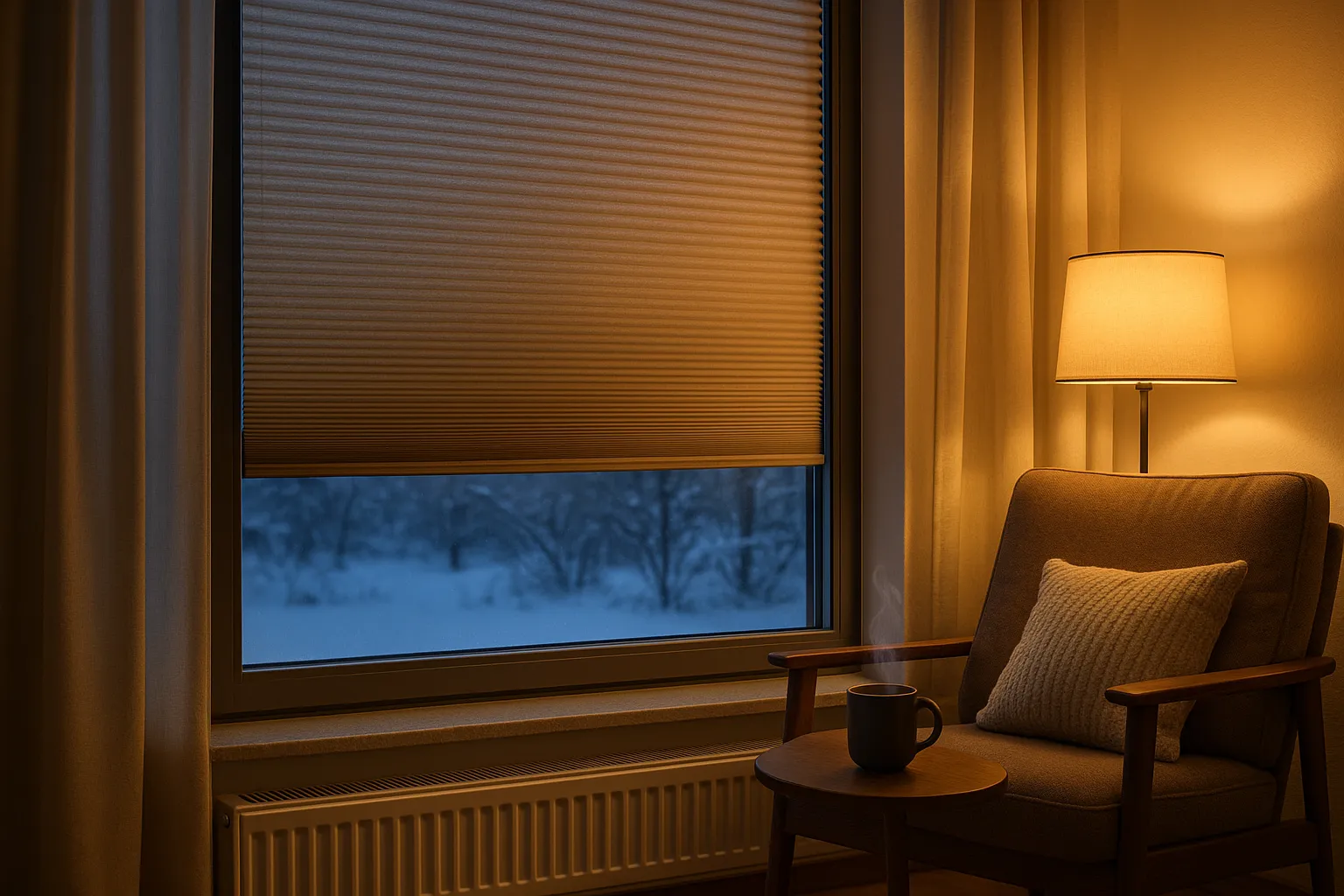 Winterliches Wohnzimmer mit geschlossenem doppelzelligen Wabenplissee in seitlicher Führung am großen Fenster, Heizkörper darunter mit kleinem Spalt für Konvektion, energieeffiziente Isolierung gegen Kaltluftabfall und reduzierte Strahlungskälte, behagliche Leseecke mit dampfender Tasse