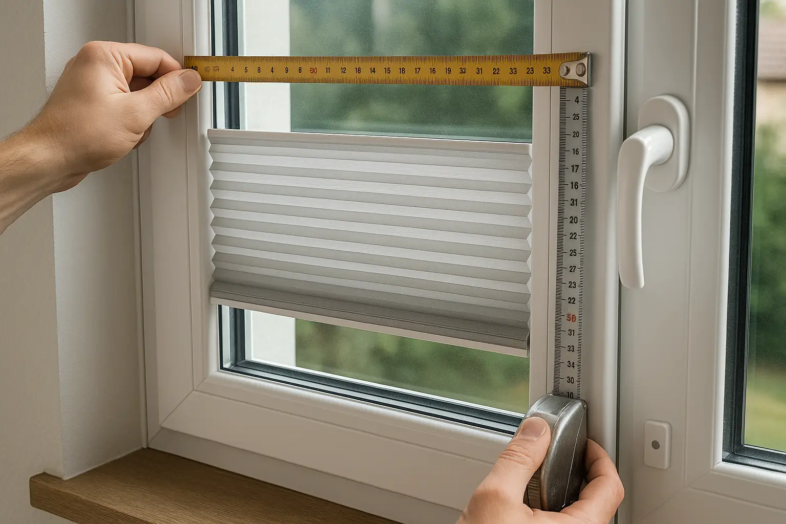 Maßanfertigung Wabenplissee: Fenster millimetergenau vermessen mit Metallmaßband, Mehrpunktmessung von Breite und Höhe, Einbautiefe in der Glasleiste prüfen, Hindernisse wie Fenstergriff, Sprosse und Sensor berücksichtigen, hohe Passgenauigkeit