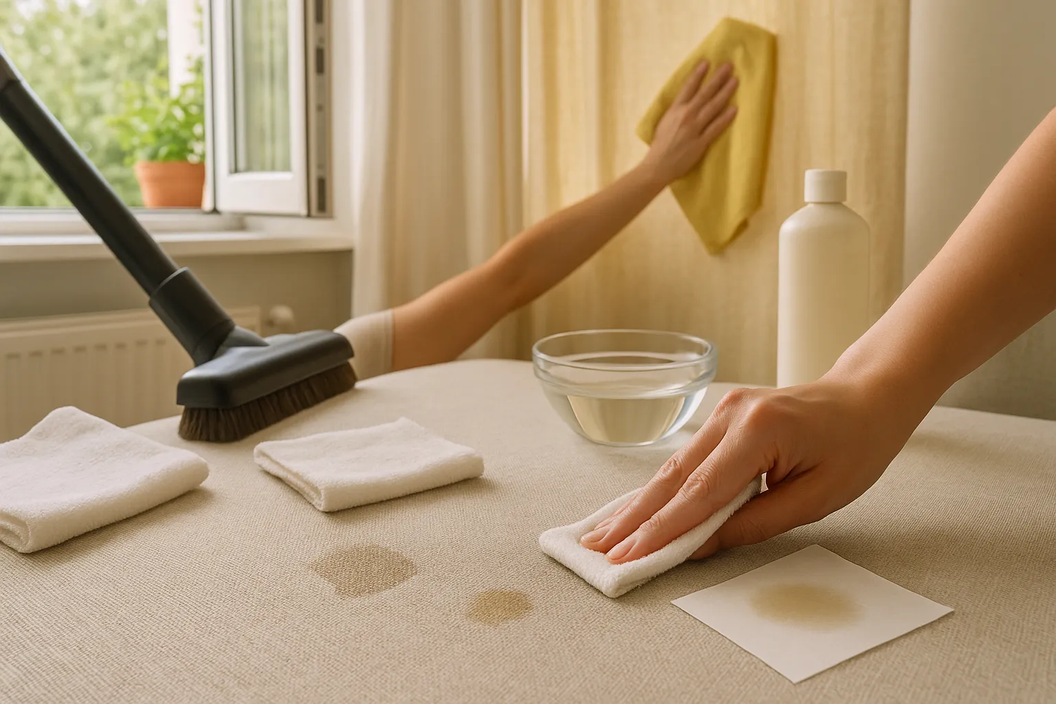 Fleckentfernung auf Stoffpolster mit trockenem und leicht feuchtem Tuch, Saugpapier auf Fettfleck, lauwarmes Wasser und pH-neutrales Reinigungsmittel, offenes Fenster für Lüftung, Reinigung vom Rand zur Mitte