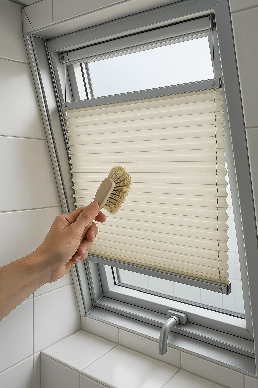 Maßanfertigung und Konfiguration eines Plissees am Dachfenster mit präzisen Führungsschienen, korrekt gespannter Seilführung, Hand reinigt Falten mit weicher Bürste, Halterungen und Seilspannung werden kontrolliert, feuchtebeständiger Stoff im Bad, ruhiger Lauf und Abstand zum Fenstergriff.