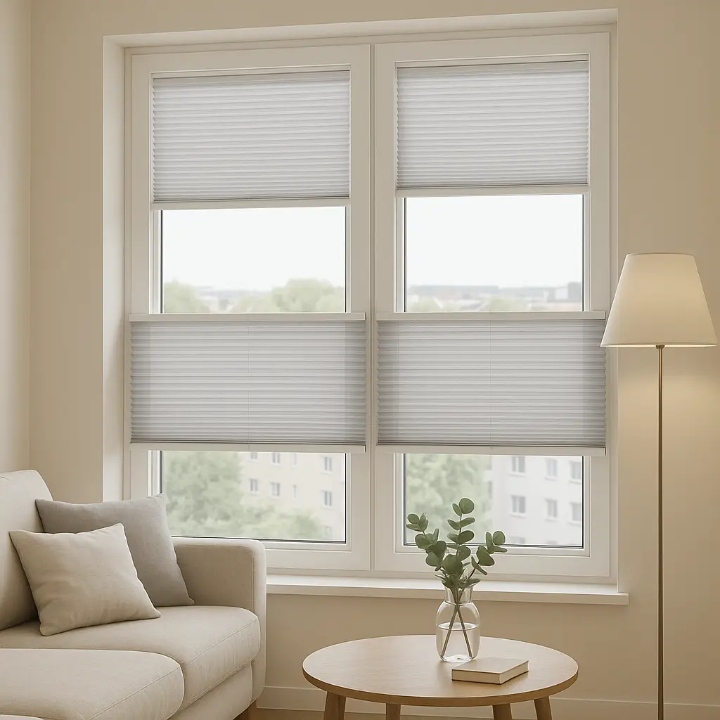 Maßgefertigte Wabenplissees mit Top-Down/Bottom-Up, konsistente Schienenfarben, einheitliche Faltenrichtung und Bedienseiten, präzise montiert im modernen Wohnraum mit weichem Tageslicht, Sichtschutz sowie Optimierung von Raumklima und Akustik