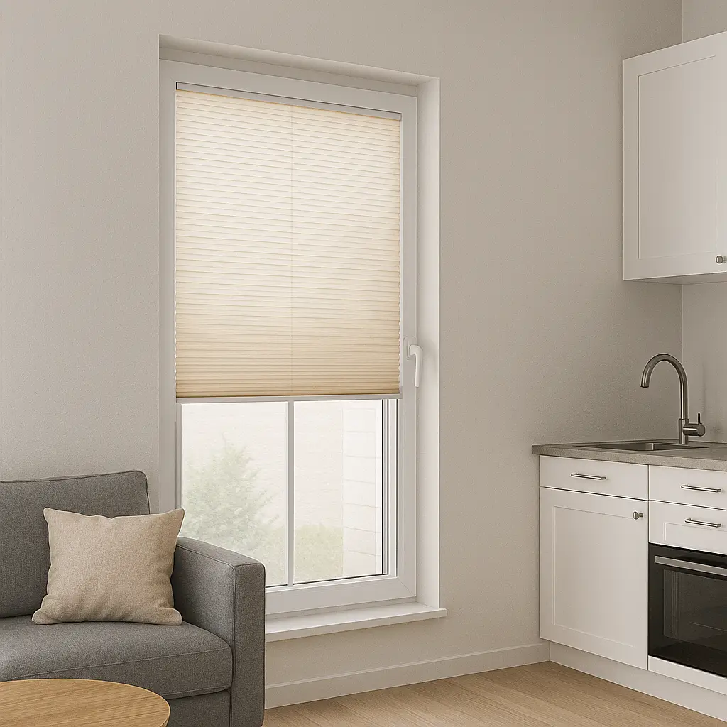 Maßgefertigtes Wabenplissee mit konfigurierbaren Transparenzstufen, natürliche Lichtstreuung, thermische Isolierung und schalldämpfende Luftkammern in Wohnraum und angrenzender Küche, feuchtigkeitsunempfindliche Stoffqualität