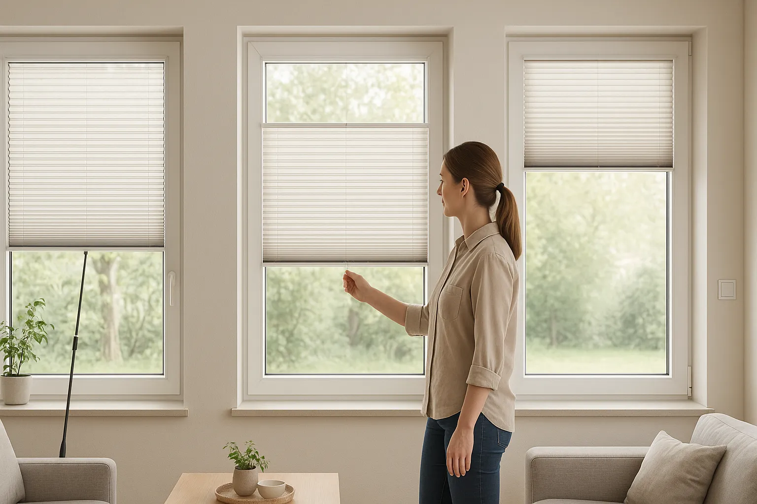 Plissee Bedienung und Komfort am Fenster mit ergonomischer Griffhöhe, präziser Montage, gleichmäßiger Seilspannung und sauberem Wandanschluss; motorbetriebenes Element mit zentralem Wandschalter, manuelle Bedienung mit verlängerter Stange, dezente taktile Markierungen auf der Griffleiste, einheitliche Bedienrichtung bei mehreren Plissees