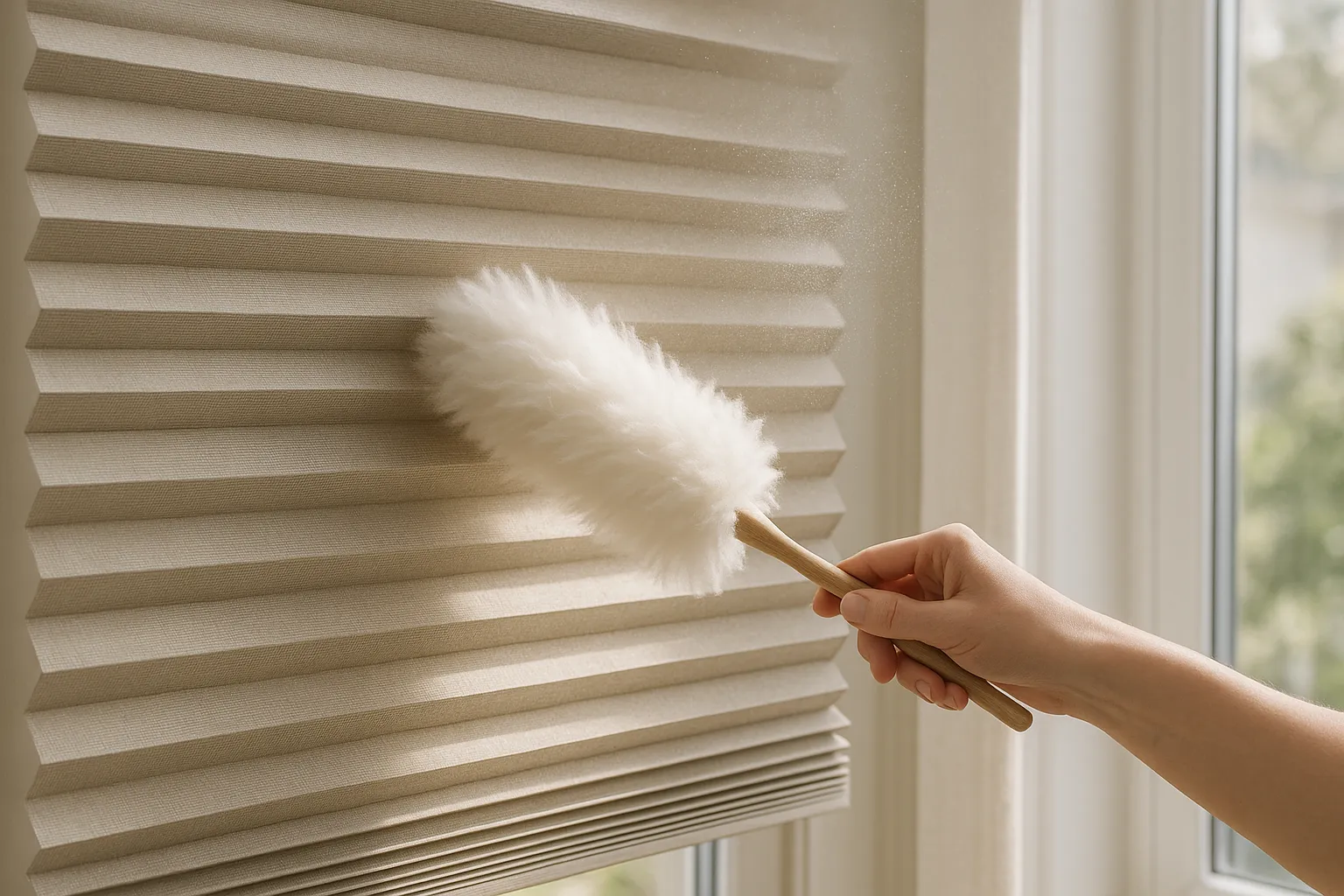 Plissee reinigen, sanfte Staubentfernung, antistatischer Staubwedel, Faltenpflege, Top-Down/Bottom-Up, wöchentliche Pflege