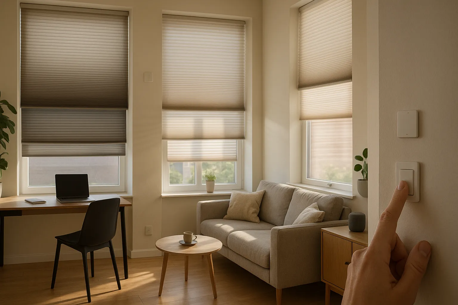 Bedienung und Komfort, smarte Wabenplissees, automatische Steuerung nach Sonnenstand, Helligkeits- und Temperatursensoren, Zonensteuerung, Wandtaster, Sprachassistent, kabellos, Magnet-Ladeanschluss