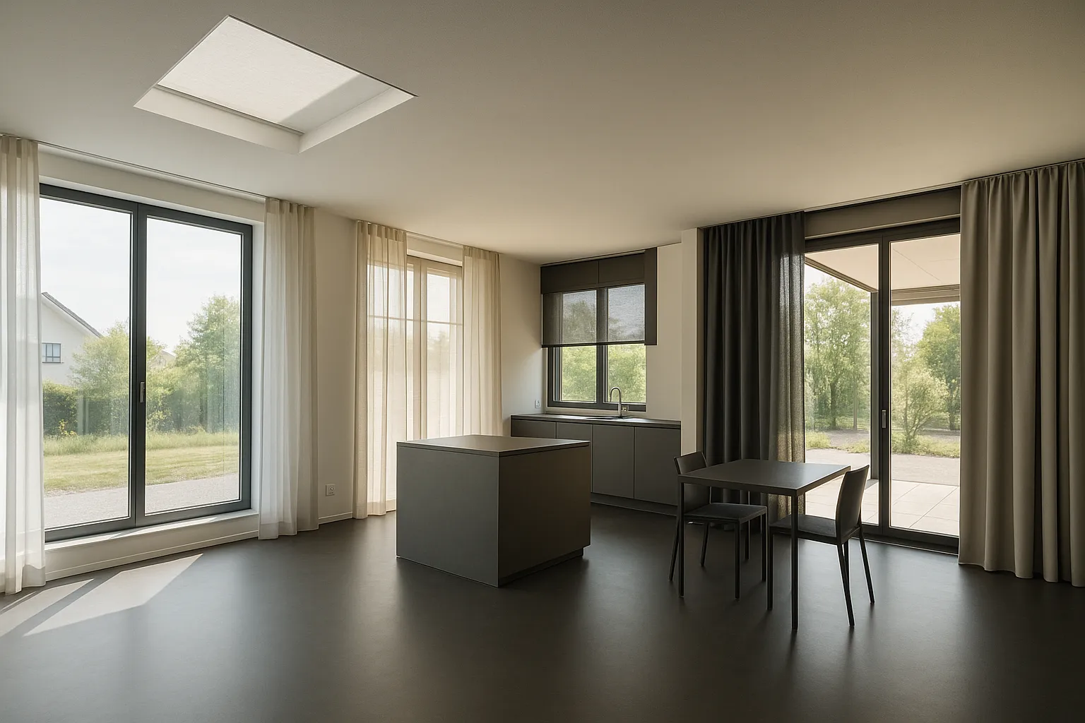 Fensterstoffe nach Himmelsrichtung: transparente Voile am Nordfenster, halbtransparenter Leinenstoff am Ostfenster, halbtransparenter Stoff mit dunklerer Tönung oder Dimout am Westfenster, Dimout mit reflektierender Rückseite am Südfenster, Dachfenster mit halbtransparentem Rollo, Blendschutz, Wärmeschutz, reduzierte Spiegelungen, Transmission Reflexion Absorption