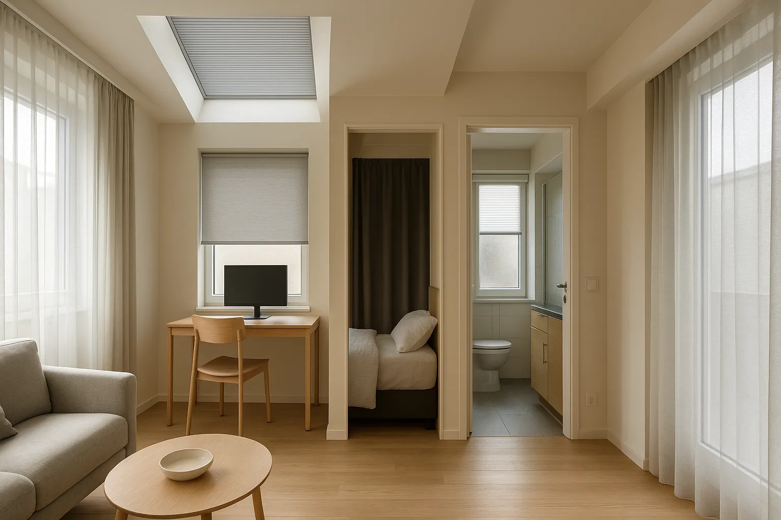 Fensterdekorationen mit unterschiedlichen Transparenzgraden: halbtransparente Vorhänge im Wohnzimmer, blendfreie Rollos im Homeoffice, Blackout und Dimout im Schlafzimmer, feuchtebeständige Polyesterstoffe und Wabenplissees in Küche und Bad, gedämpftes Licht am Dachfenster, freundliches Tageslicht im Flur