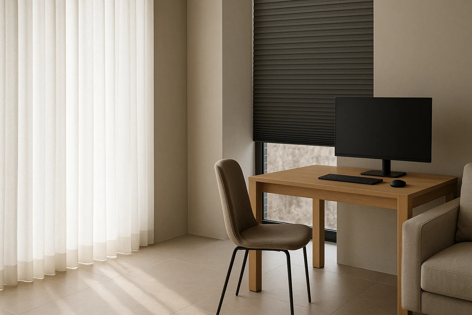 Fenster mit halbtransparentem Vorhang und dunkelgrauem Wabenplissee, unterschiedliche Transparenzgrade der Stoffe, Lichtstreuung und Blendminderung, neutraler Innenraum mit Eichenholz und Stein, minimalistisches Arbeitszimmer, matte und satinierte Texturen, reduzierte Farbpalette