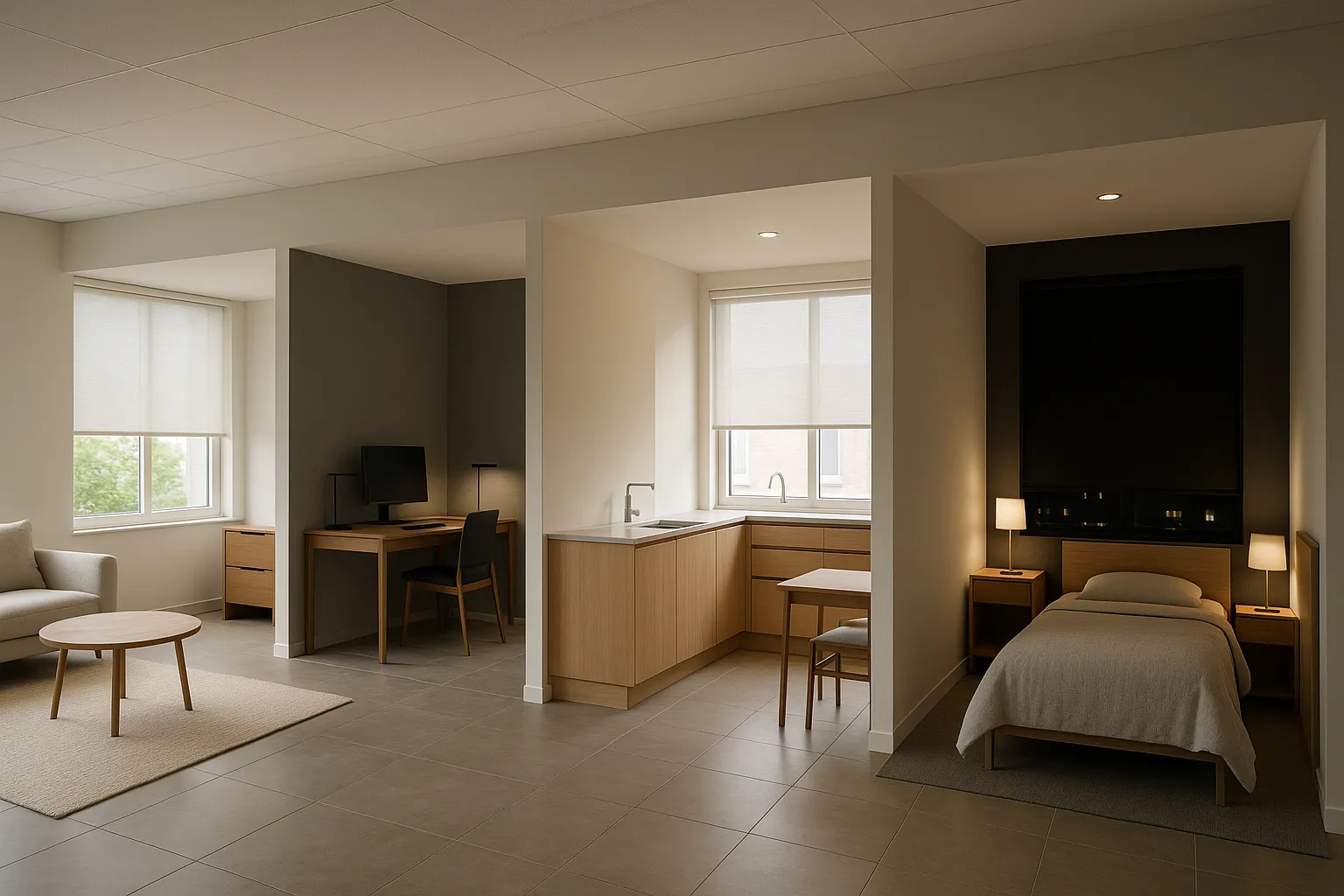 Fensterstoffe und Transparenzgrade in vier Räumen: Wohnzimmer Nordfenster halbtransparent, Arbeitszimmer Westausrichtung Dimout grau blendfrei, Schlafzimmer urban Blackout dunkel, Küche Ostfenster halbtransparent feuchtebeständig, Innenarchitektur Tageslichtkontrolle