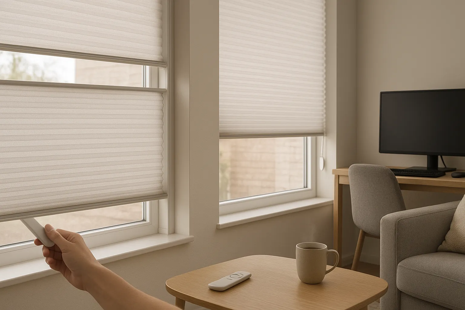 Wabenplissee Bedienkomfort im Wohnzimmer mit ergonomischer Griffleiste, top-down/bottom-up Einstellung, kindersicherem Kettenzug am zweiten Fenster, Fernbedienung auf dem Tisch und blendfreiem Arbeitsplatz in ruhiger, behaglicher Lichtstimmung