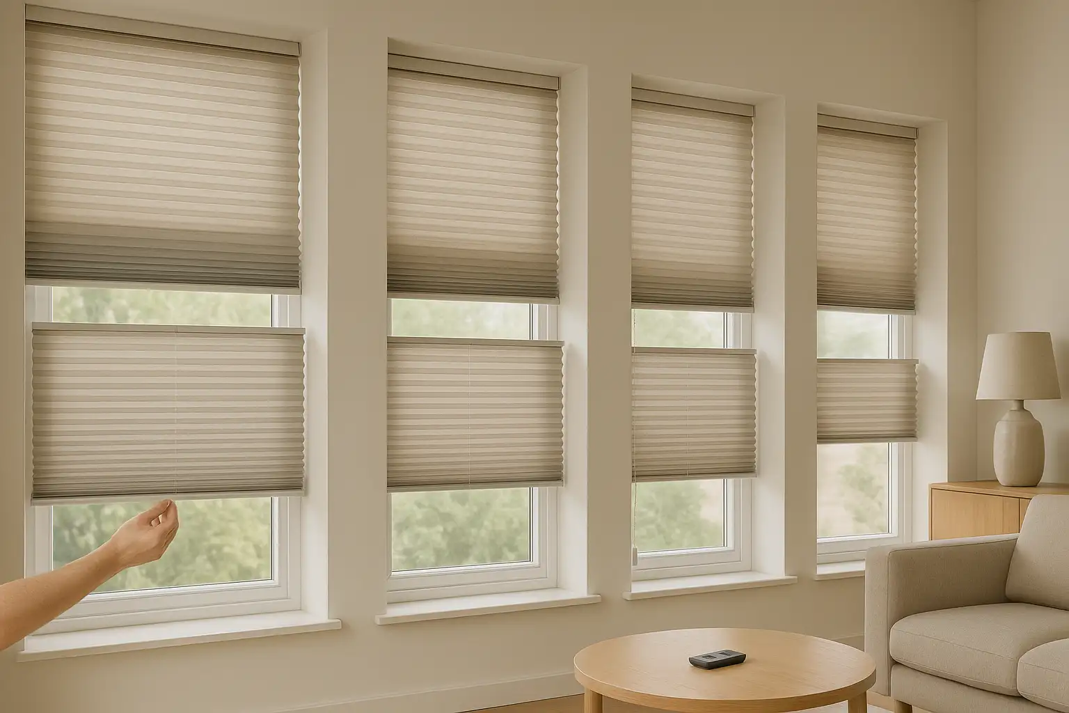 Wabenplissee Bedienung und Komfort, Griffbedienung, Kettenzug, kindersichere Schnurlösung, motorisierter Antrieb, magnetisches Ladedock, präzise Positionierung, ergonomische Bedienung, leise, modernes Wohnzimmer, Fenster, Tageslicht, hochwertige Aluminiumschienen, Wabenstruktur, Smart Home