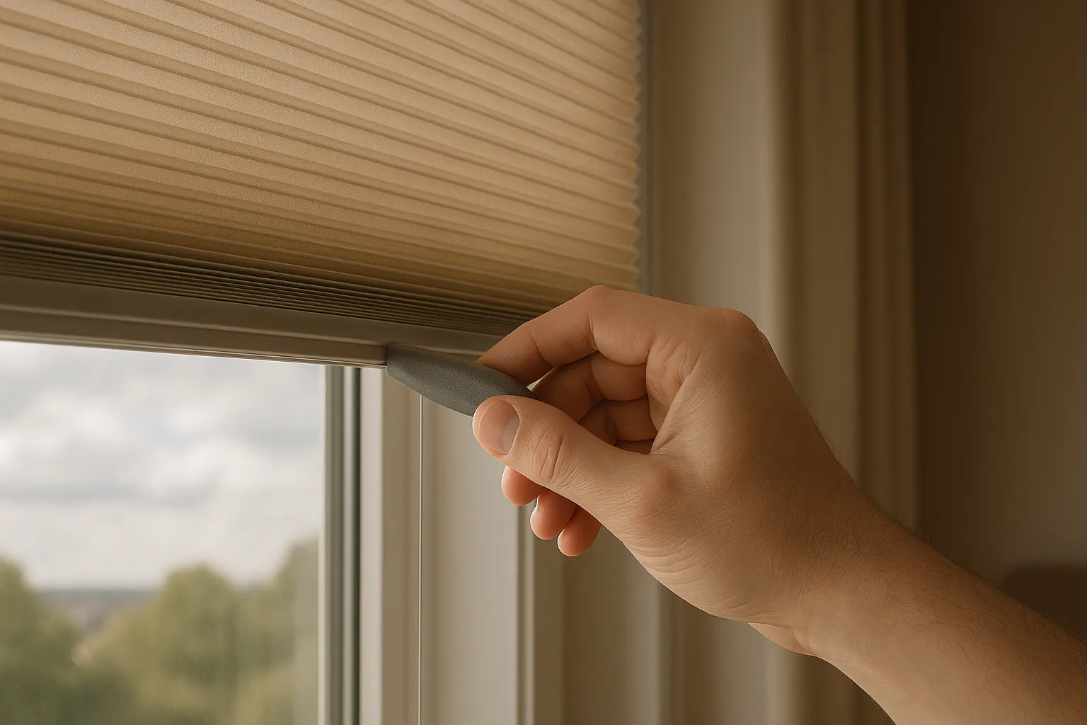 Wabenplissee Bedienung mit ergonomischem Griff, schlanke Profile, diskrete Spannseile, halb geöffnet, weiches Tageslicht, ruhiges Homeoffice oder Schlafzimmer, leichtgängig, leise Mechanik, präzises Stoppen, Lichtstreuung und akustische Dämpfung
