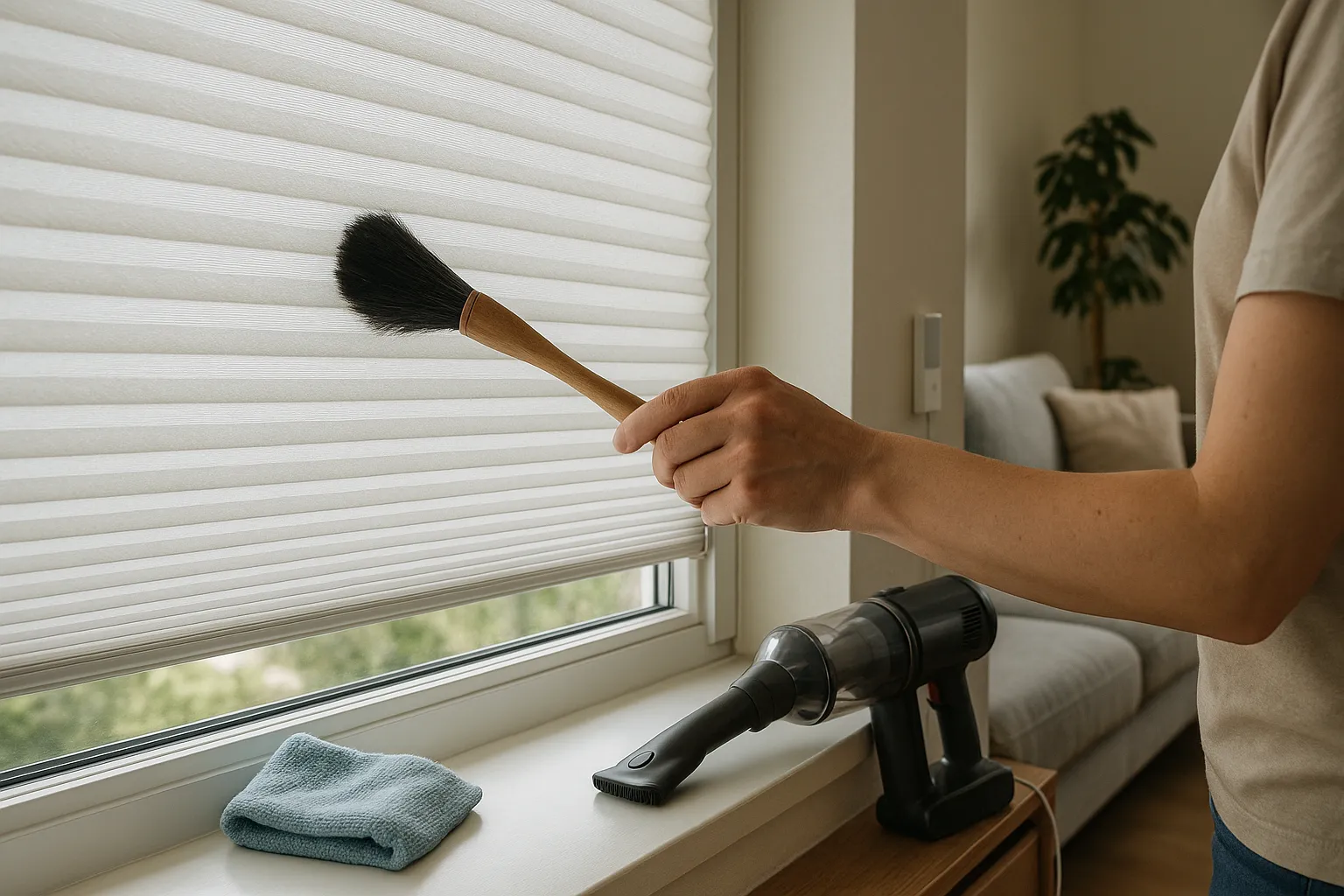 Bedienung und Komfort bei Wabenplissees: sanfte Reinigung mit Bürste, saubere Führungsschienen, korrekt sitzende Spannseile, freie Kettenführung, motorisierte Steuerung mit Ladehinweis im hellen Wohnzimmer