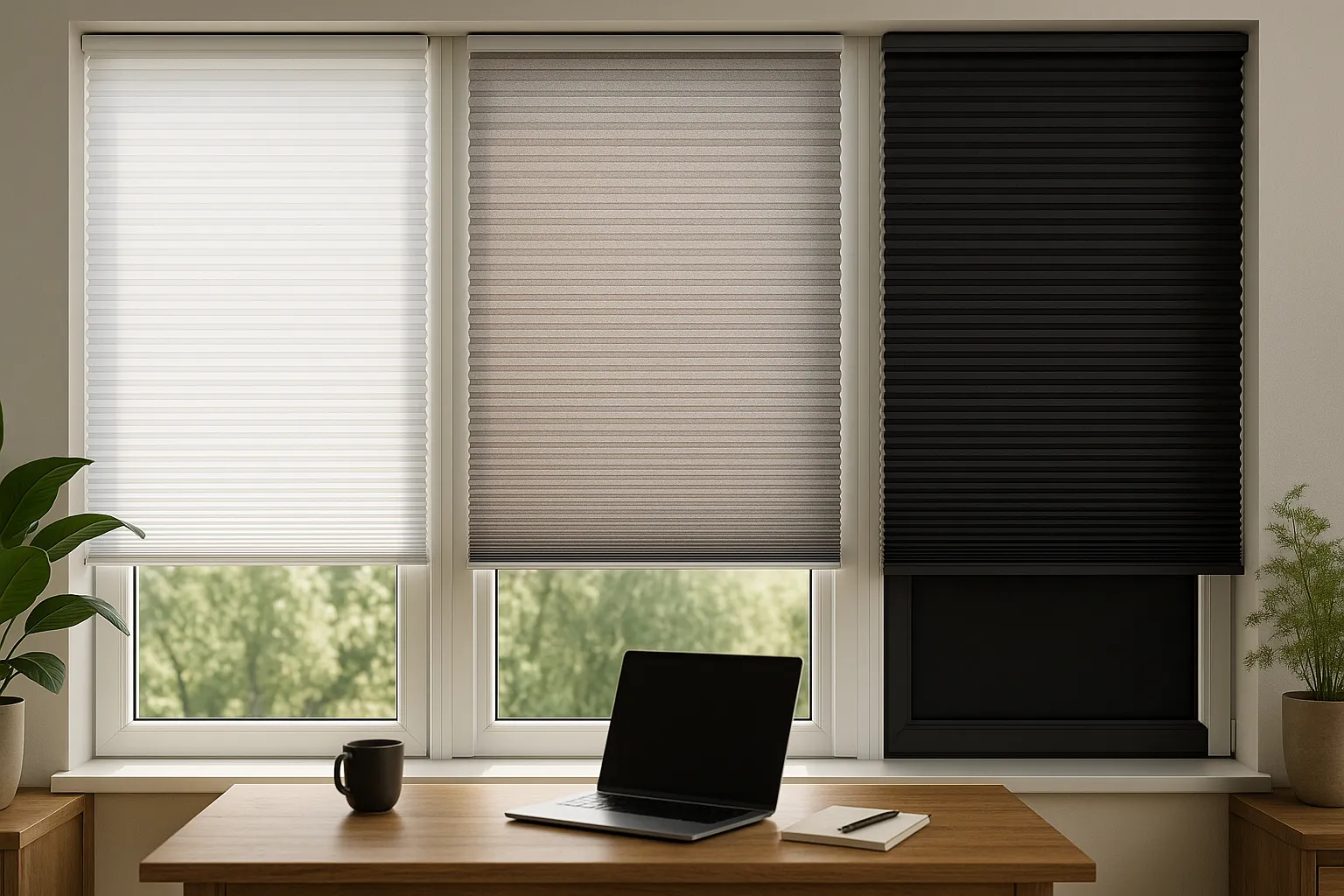 Wabenplissee Duette Honeycomb an Fensterfront mit drei Transparenzgraden, sichtbare wabenförmige Hohlkammern und unsichtbare Schnurführung, Lichttransmission und Sichtschutz im Vergleich, blendfreier Arbeitsplatz mit Laptop, Wärmedämmung und Energieeffizienz, Materialien Polyester und Trevira CS, rückseitige Perlmutt- oder Aluminium-Beschichtung, gleichmäßiges Faltenbild in modernem Innenraum