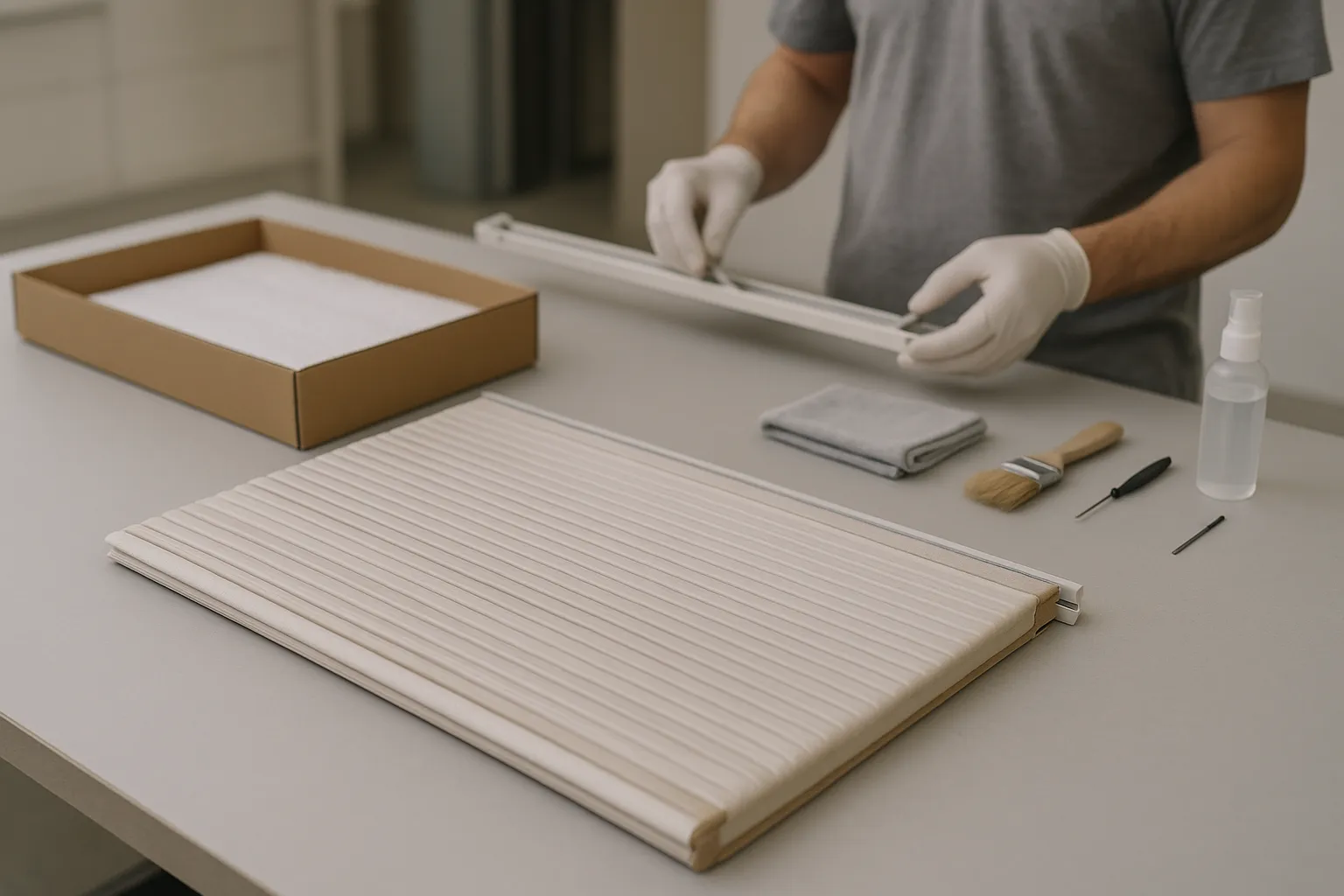 Wabenplissee korrekt gelagert und für den Transport vorbereitet mit gepolsterten Kanten, sauberer Unterlage und Kontrolle der Schienen und Befestigungselemente