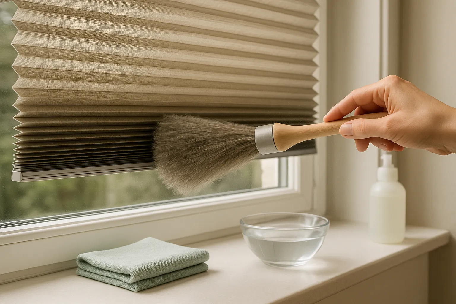 Wabenplissee reinigen und pflegen: sanftes Abstauben der Falten mit weichem Staubpinsel, halb geschlossenes Top-Down/Bottom-Up, Mikrofasertuch und Schale mit lauwarmem Wasser, Schienen und Schnüre schonend behandeln