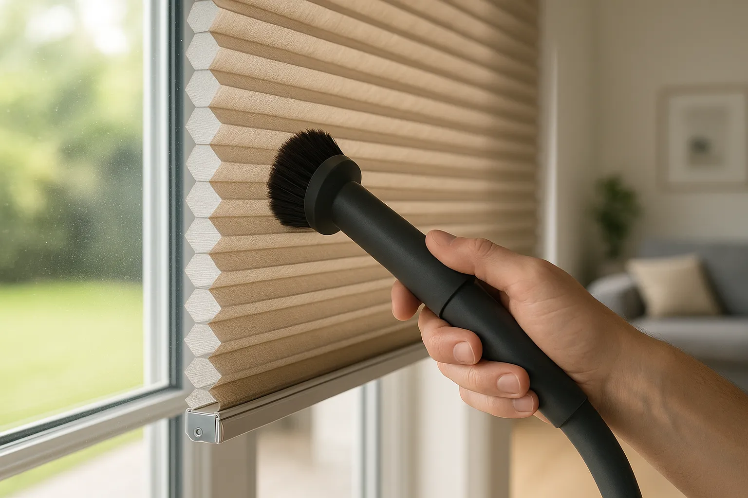 Wabenplissee Reinigung und Pflege mit antistatischer Bürste, Duette Honigwaben Plissee abstauben, Aluminium Schienen und Schnurführung, trockene Reinigung, Faltkanten erhalten, Beschichtung schützen, Wohnzimmer Fenster