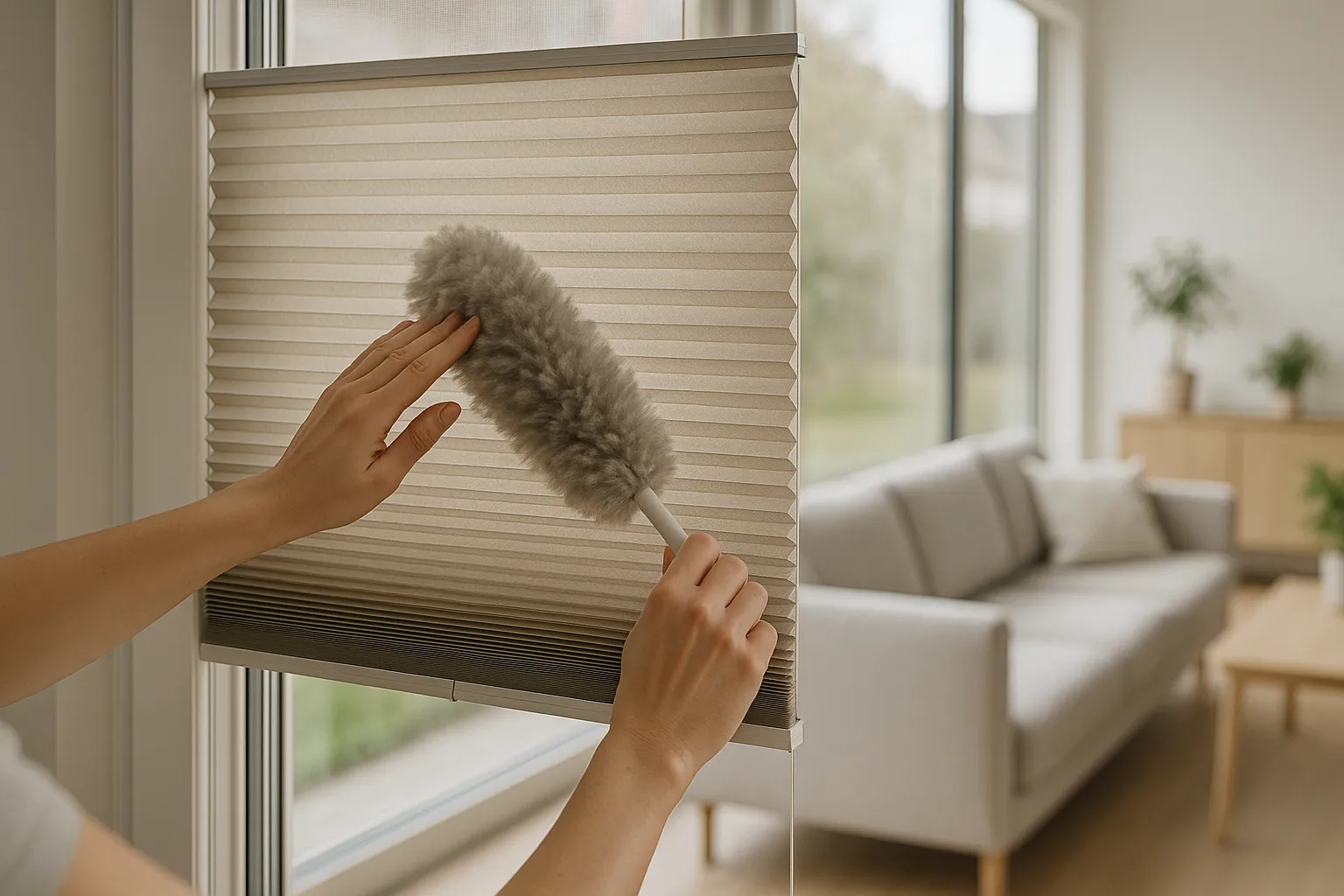 Wabenplissee Pflege und Reinigung mit Staubwedel, Faltenstruktur und Aluminium-Schienen, schonende Staubentfernung, Top-Down/Bottom-Up halb geschlossen