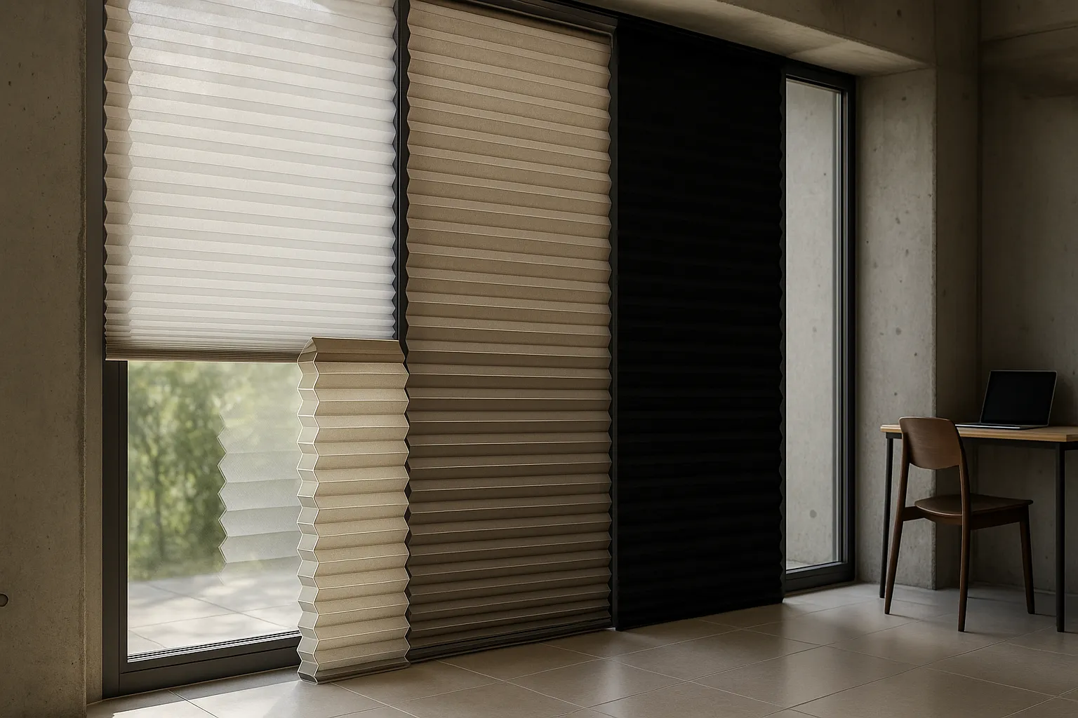 Wabenplissee Stoffe mit unterschiedlichen Transparenzgraden vor großer Glasfront für Nachhallreduktion, Sonnenschutz und Wärmeschutz in modernem Raum mit Betonwand und Fliesenboden