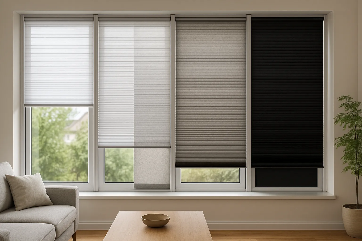 Wabenplissee mit unterschiedlichen Transparenzgraden, präzise montiert in Profilführungen, parallel verlaufendes Faltenbild, glatte und strukturierte Stoffe, breites Element mit stabiler Führung, hohes Element mit ausbalancierter Bedienmechanik, Wohnraumfenster in Nische bei Tageslicht