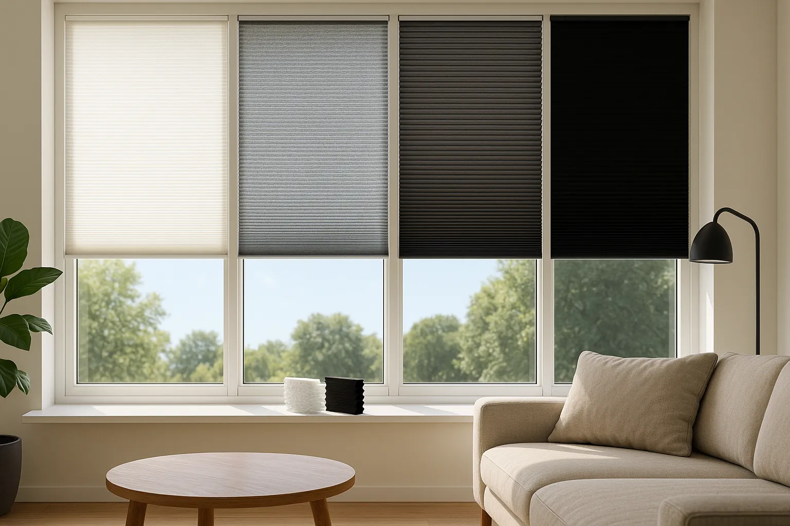 Wabenplissee Stoffe mit verschiedenen Transparenzgraden am Südfenster, Vergleich von glatter, melangierter und perlreflexbeschichteter Rückseite sowie Blackout mit sichtbarer Lichtstreuung, Reflexion, Absorption und Verdunkelung