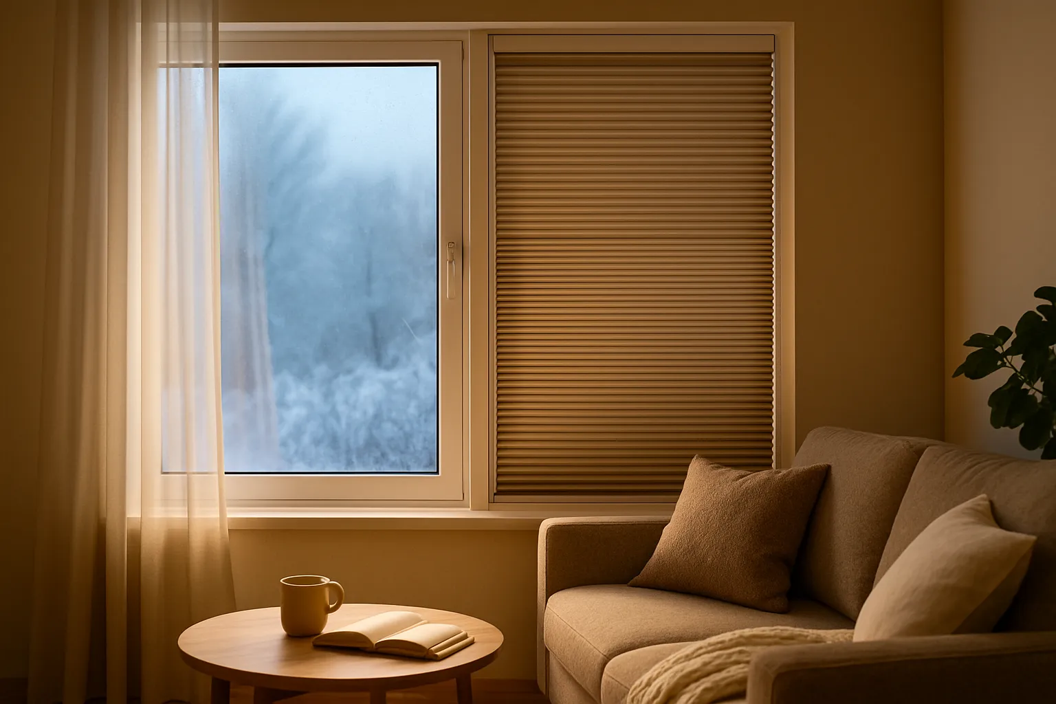 Wabenplissee am Doppelfenster für Energieeffizienz und Wärmeschutz, Mehrkammer-Honeycomb mit Seitenführung, reduzierte Wärmeleitung und Konvektion, Low-E-Beschichtung gegen Wärmestrahlung, weniger Kondensation, behagliches Raumklima im Winter